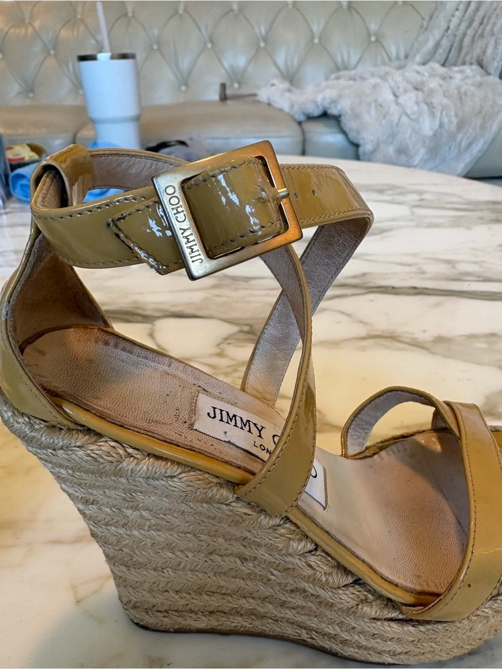 JIMMY CHOO Patent Leather Espadrille Wedge Sandals in Beige and raffia heel